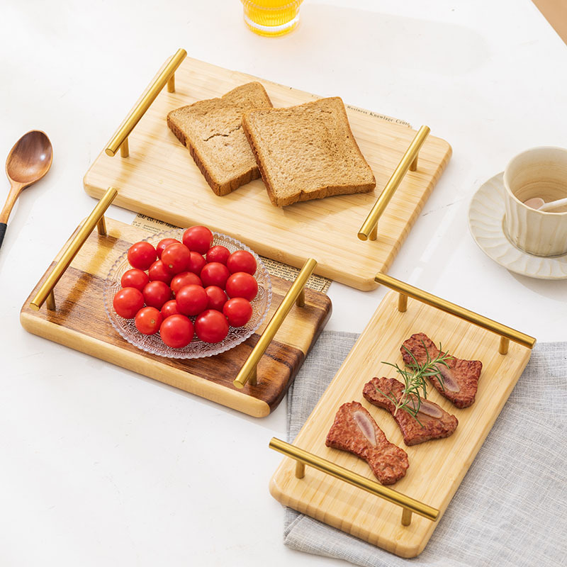 Living Room Storage Tray Wood Plate with Metal Handle for Coffee Cake Tea Dessert