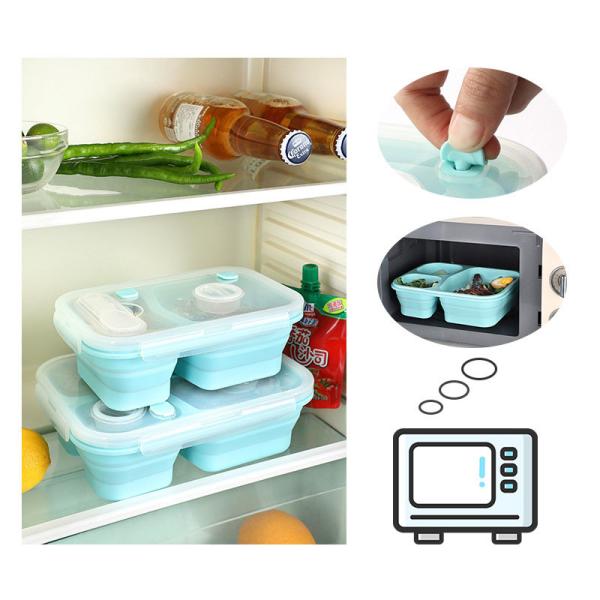 Silicone 3 Sections Bento Lunch Box Collapsible With Spork