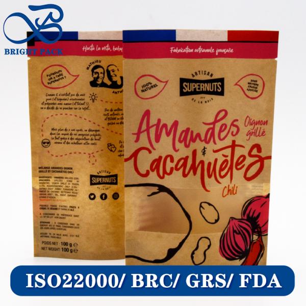 Bolsas de papel kraft reciclables y biodegradables para envasado de alimentos con ventanas transparentes y patrones de impresión personalizables.