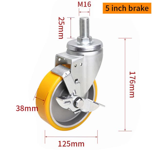 EDL Medium Duty Aluminum Caster 5inch 300kg Threaded by Swivel and Brake type 665S-86A