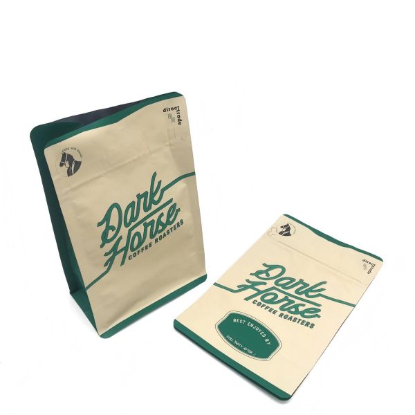 OEM ODM Eco Kraft Coffee Bean Flat Bottom Bag | Resealable Top Zipper High Barrier Aluminum Foil Pouch For 12oz / 16oz Roast Coffee
