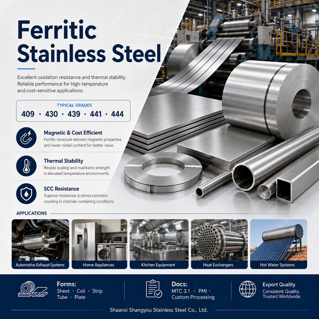 Ferritic Stainless Steel Grades, Properties, Standards & Supply