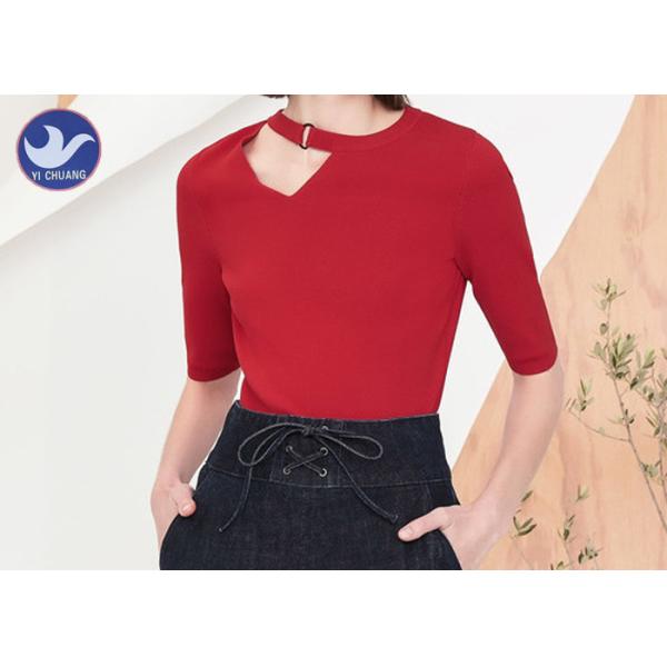 Hollow Half Sleeves Womens Knit Pullover Sweater Buckle Neck Tape For Spring Season