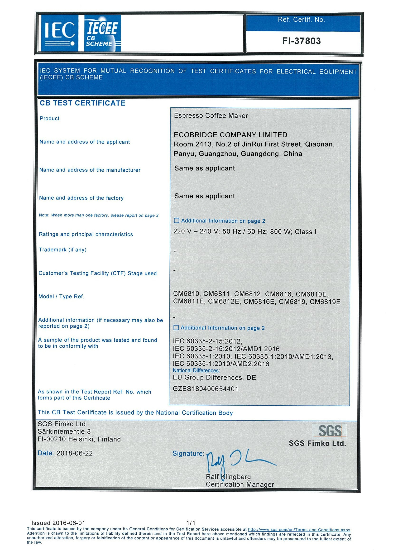 ECOBRIDGE COMPANY LIMITED Certifications