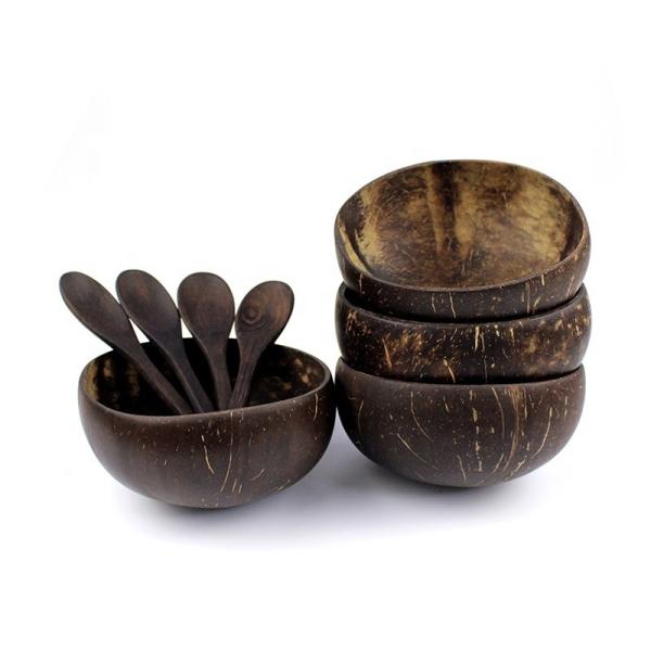Customized Coconut Bowl with Flower Pattern Shell and Wooden Spoon Set Customized Box