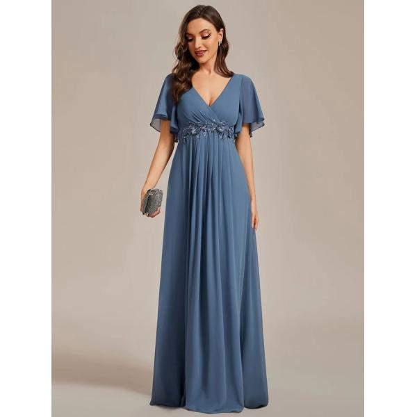 Sexy Empire Applique A-line Short Flutter Sleeves V-neck Invisible Zipper Burnt Orange Chiffon Evening Dress