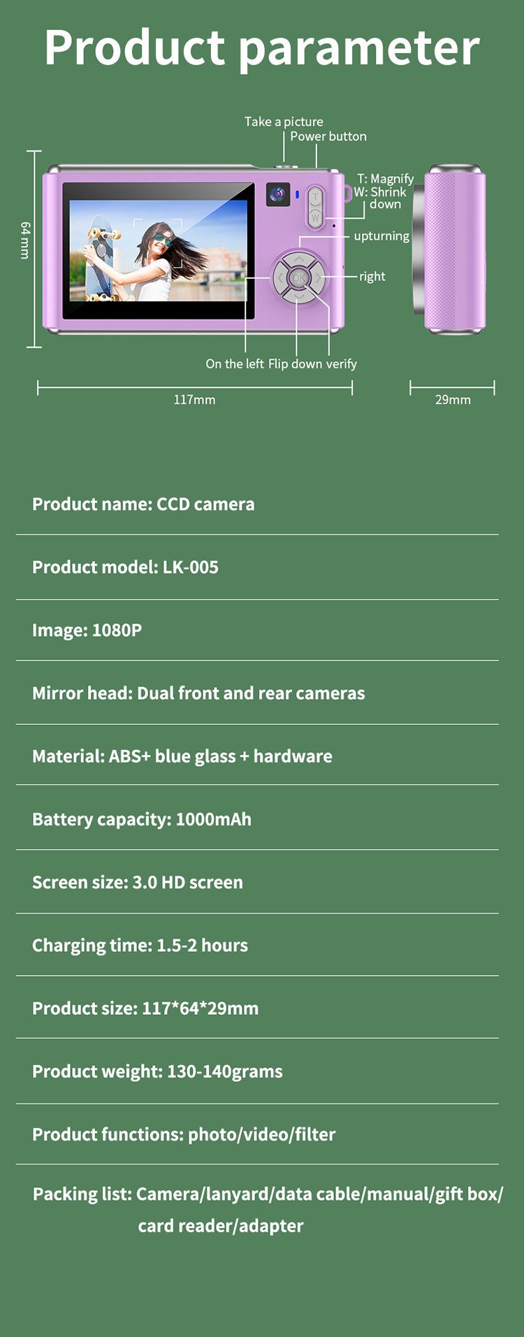 Retro Digital Camera for Teens HD Video 3.0 Inch Screen 1000mAh Battery Auto Focus Support 32GB TF Card