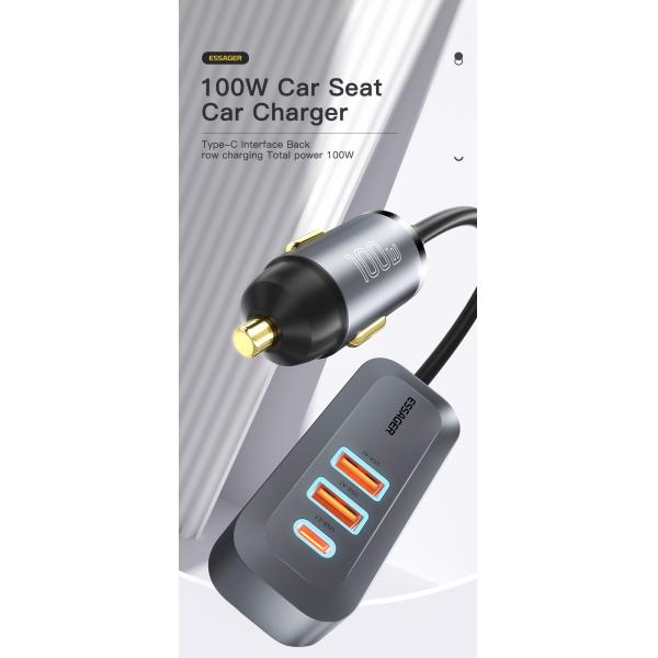 Cargador de automóvil para automóviles Essager 2022 Doution 1.5m Cable de extensión 2C2A Cargador de automóviles de 100W Para teléfono móvil Huawei Xiaomi