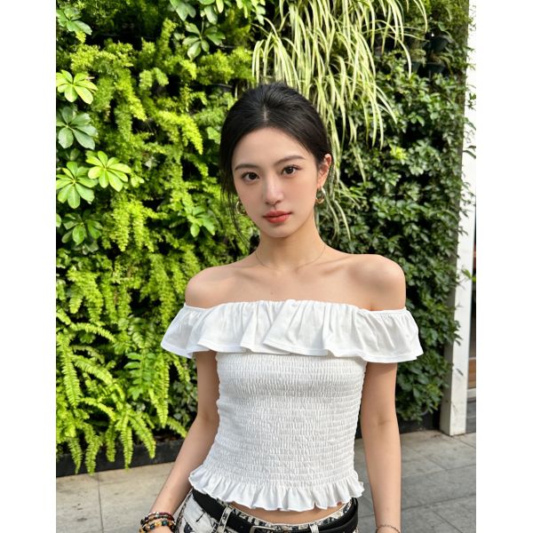 Summer Off-the-Shoulder Smocked Crop Top - Ruffle Trim in Burgundy, Yellow, Black & White