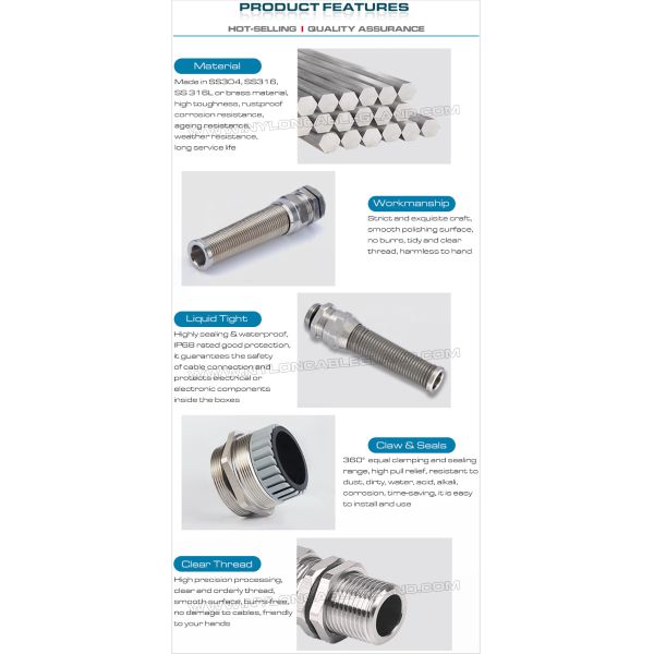 Stainless Steel IP68 Cable Glands, Spiral Strain Relief, Inox 304, 316 or 316L, Metric Pitch, M12~M50
