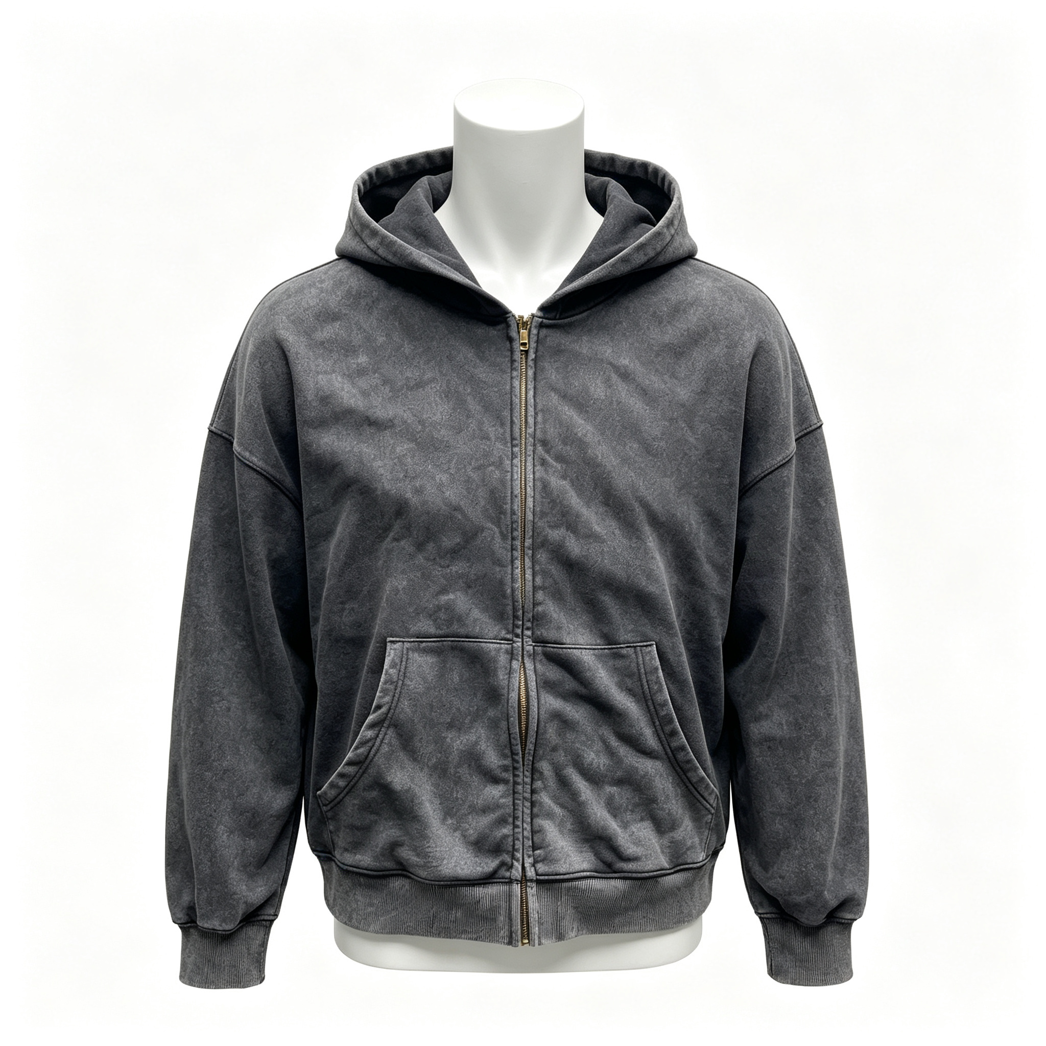 Vintage Acid Wash 	Men's Heavyweight Hoodie Full Zip Vintage Streetwear Hoodie Cursive Embroidery