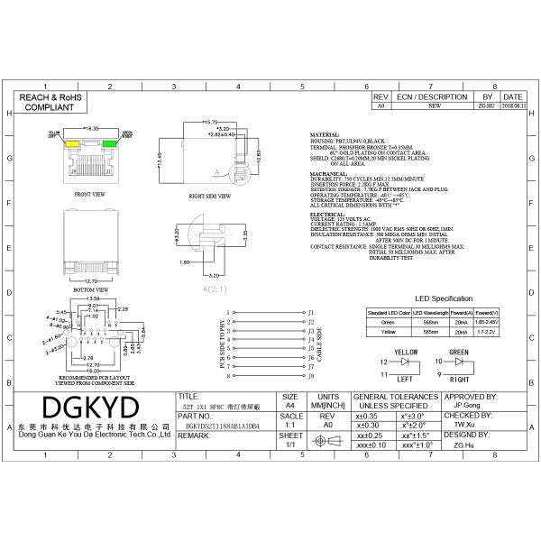 RJ45 single port socket 8P8C with light strip shielding flat pin gold-plated 6U DGKYD52T1188AB1A1DB4