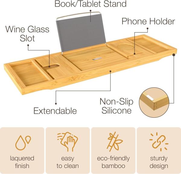 High Quality Bath Caddy Tray for Bathtub - Adjustable Bamboo Tray for Expandable Bathroom Accessories