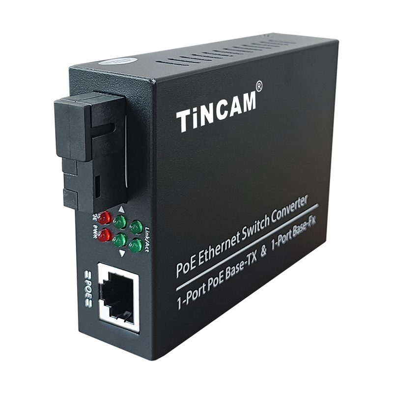 TiNCAM 10/100Mbps 1 Fiber 1 PoE Port Fiber Media Converter IEEE 802.3af/at 20km Single Mode Single Fiber 1310nm SC 48W Power Adapter TBC-PSF4311E-S20A
