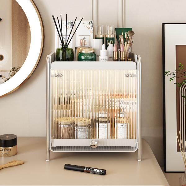 Bedroom Desktop With Cabinet Doors Makeup Display Cabinet Organize Shelf 2 Tier Spice Storage Rack Metal Dust Proof Cup Holder