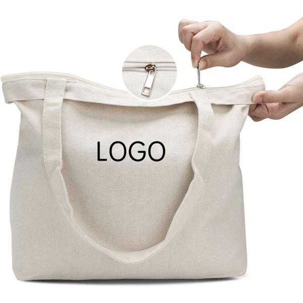 Grocery Customized Logo Printed Recycle Plain Organic Cotton Canvas Tote Shopping Bags with Zipper