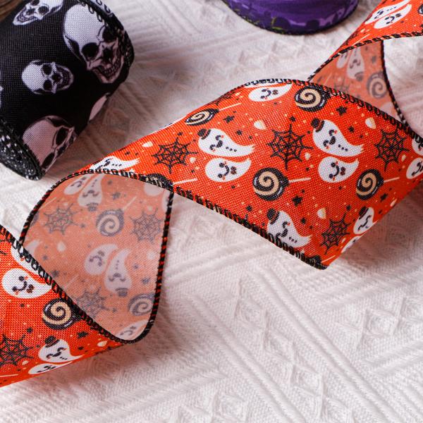 MSD 2.5 Inch Wired Edge Burlap Ribbon Halloween Pattern Ribbon for Holiday Decorate