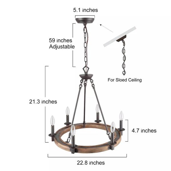 60Hz Vintage Pendant Lamps 6 Bulb Farmhouse Wooden Chandeliers Pendant Lights Hanging