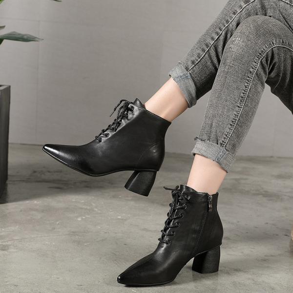 S221 Pointed toe leather short boots Korean style all-match high heel women's leather boots