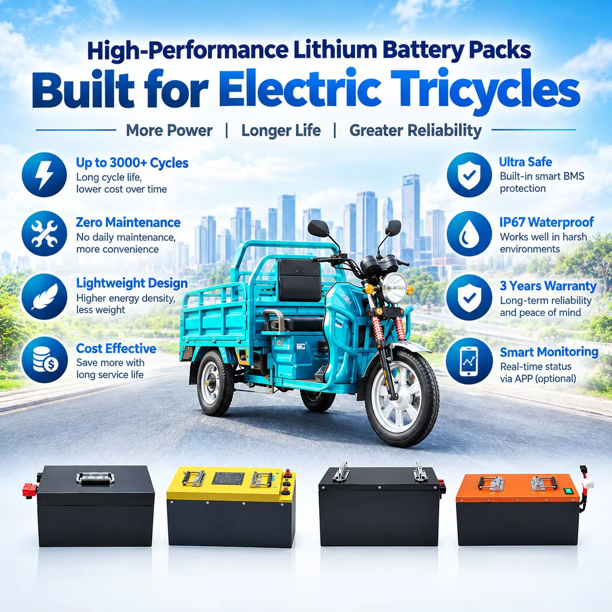 48V 60Ah LiFePO4 Battery Pack With Built In BMS 3000 Cycles For E Trike Cargo Tricycle