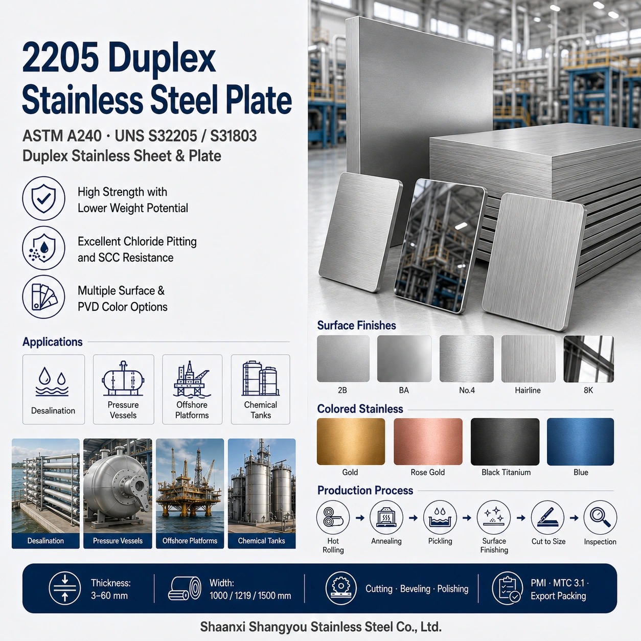 ASTM A240 2205 Duplex Stainless Steel Plate UNS S32205 with High Strength and Chloride SCC Resistance