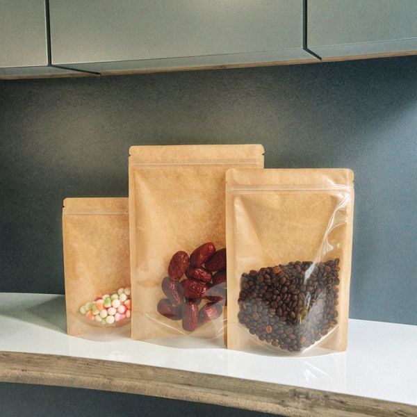 Brown Clear Front Recycled Kraft Paper Back Corner Flat Zip Lock Food Grade Digital/Gravure Printing Stand Pouch Packaging Bag