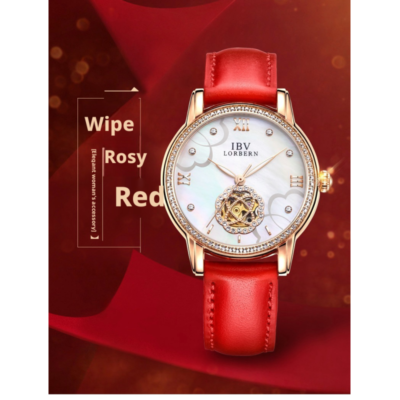 Rose Gold Skeleton Mechanical Ladies Watch Mother Of Pearl Dial Crystal Bezel Genuine Leather Strap 3 Colors Luxury Women Dress Wrist Watch Gift