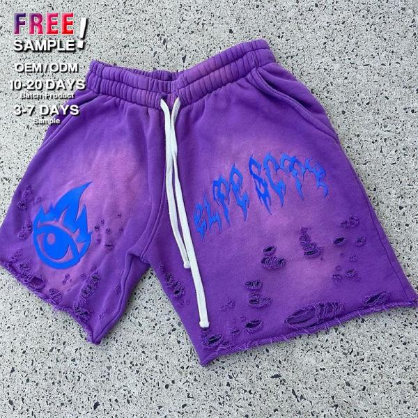 Shorts personnalisés Summer Puff Logo imprimé Shorts Rips lavés à l'acide Distressed Cut Edge Vintage Streetwear Casual Raw Hem Shorts Hommes