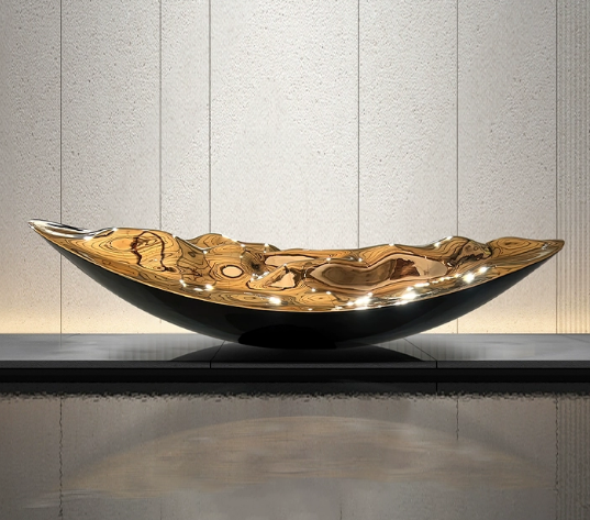 Modern Boat-Shaped Stainless Steel Sculpture with Gold & Black Textured Finish