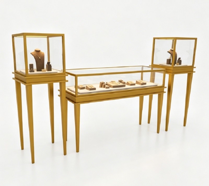 Luxury Gold Minimalist Jewelry Display Set, Complete Turnkey Showcase with Pedestal & Counter