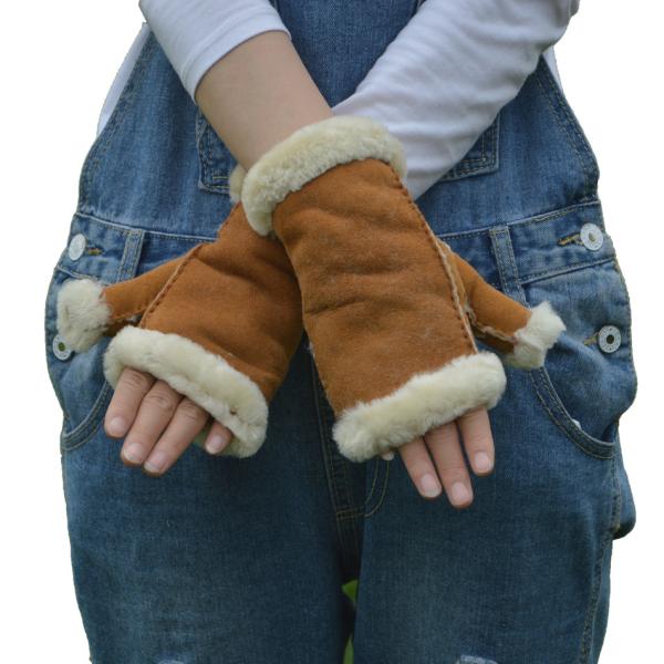 Stock Ladies Lambskin Gloves with Curly Fur Trim Cuff Shealring Sheepskin Fingerless Gloves