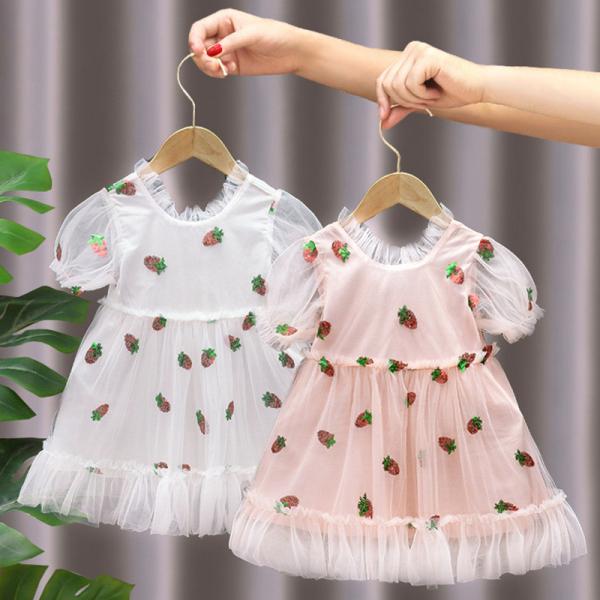 Morango Mesh Girl Princess Dress Sequined da roupa do vestido das crianças por atacado