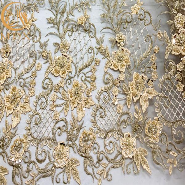 Ткань шнурка Applique нейлона 3D 20% тяжелая вышитая бисером с цветочным узором