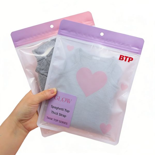 Custom Logo Apparel Packaging Bag with Three Side Seal Clear Window Resealable Zipper Pouch Hang Hole for Tank Tops & Underwear