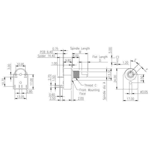 17mm Double Pole Rotary Mains Switch Solder / PCB Terminals 45° Index Angle