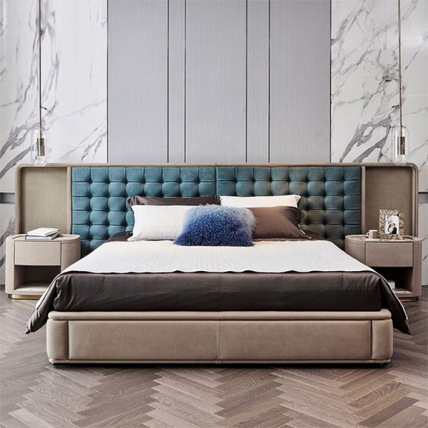 Oak Wood Italian Modern Luxury Style Customizable Velvet Bed King Size Double Soft Bed Hotel Villa Bedroom Furniture