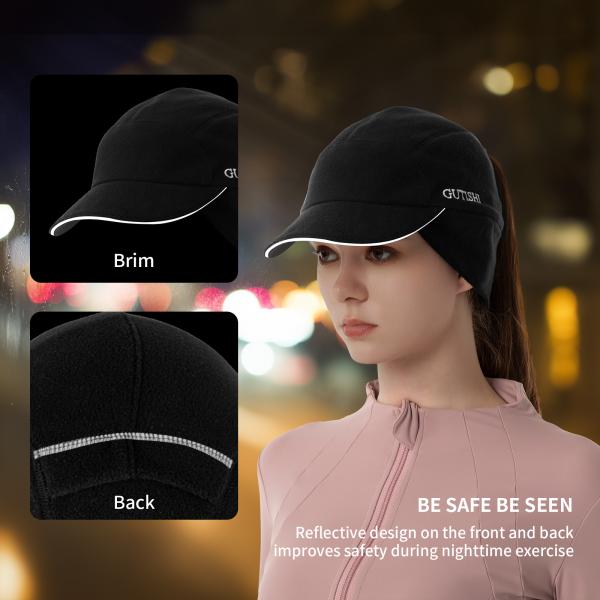 Sombrero de cola de caballo de lana para mujeres Sombrero de invierno reflectante con calefactor de orejas