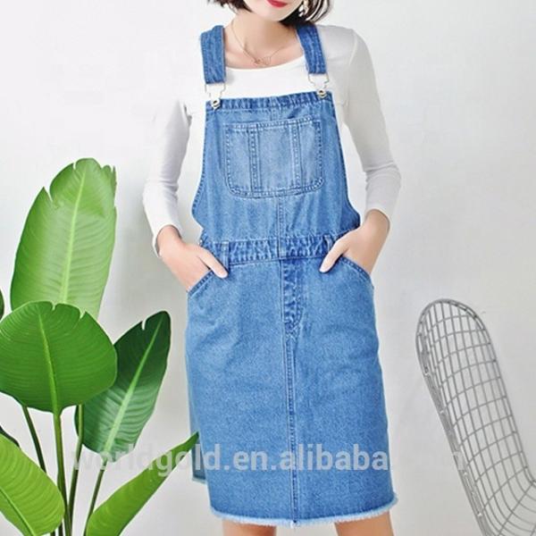 Blue Color Women Denim Dungaree Dress With Frayed Hem OEM Service