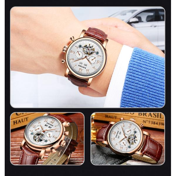 J022-2 Fashion Black Strap Silver Cover Hollow Out Case Back With Complete Calendar Mens Automatic Mechanical Watch