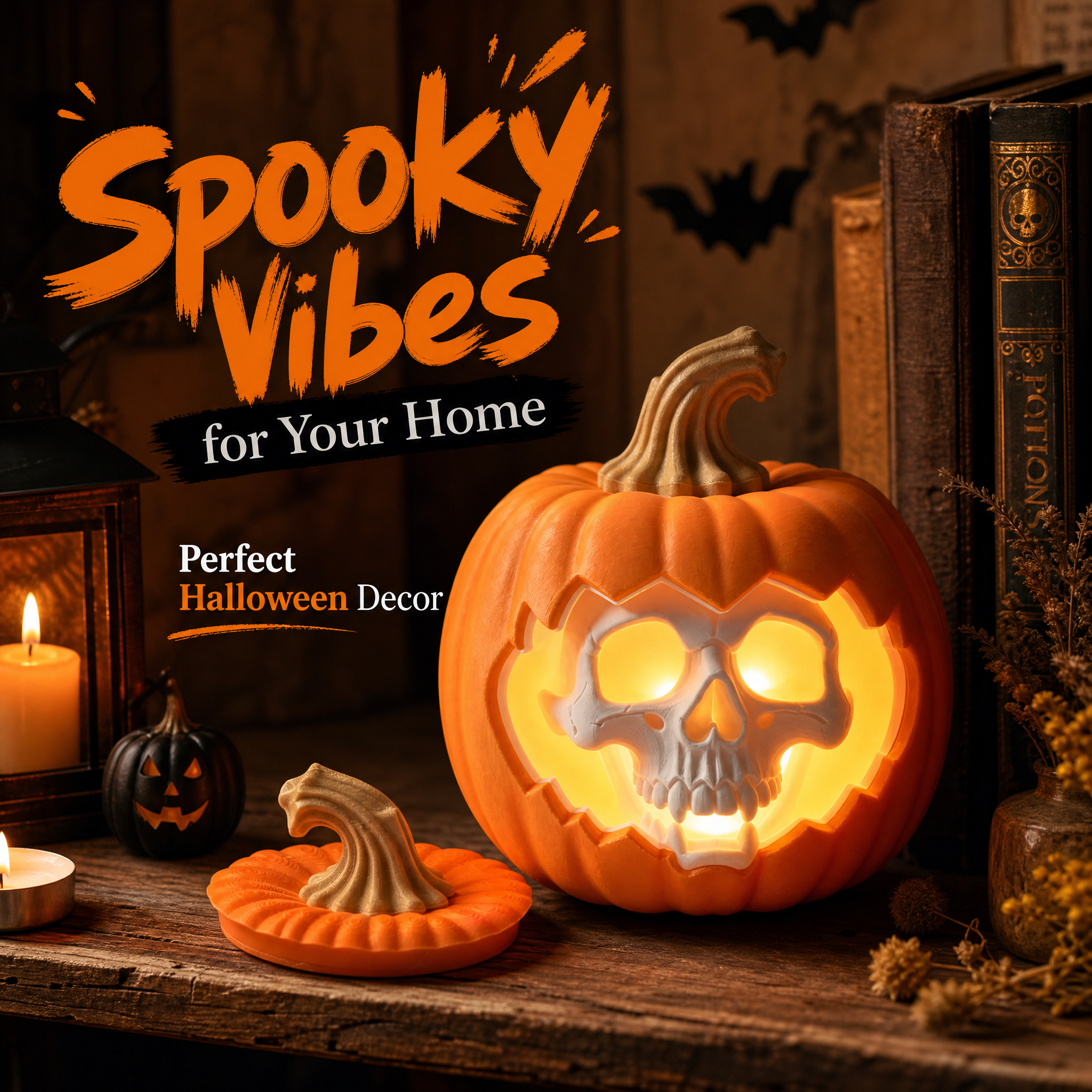 Halloween Skull Pumpkin Ornament, Multicolor LED Light 3D Printed Holiday Decoration
