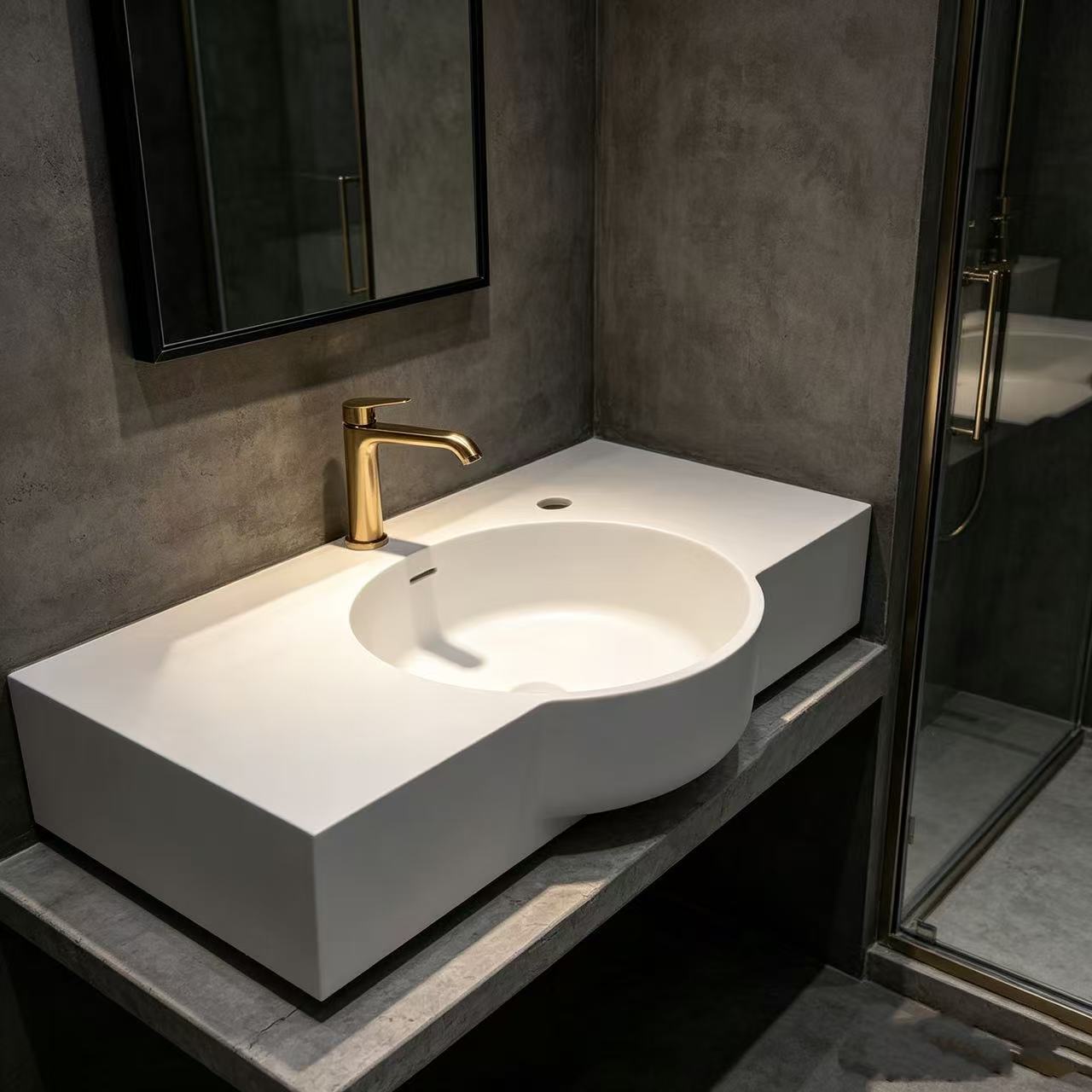 SOLID SURFACE INTEGRATED COUNTERTOP ROUND BASIN VANITY,SOLID SURFACE VANITY TOP, INTEGRATED ROUND SINK COUNTERTOP, ARTIFICIAL STONE BATHROOM BASIN, WOOD CABINET VANITY UNIT,