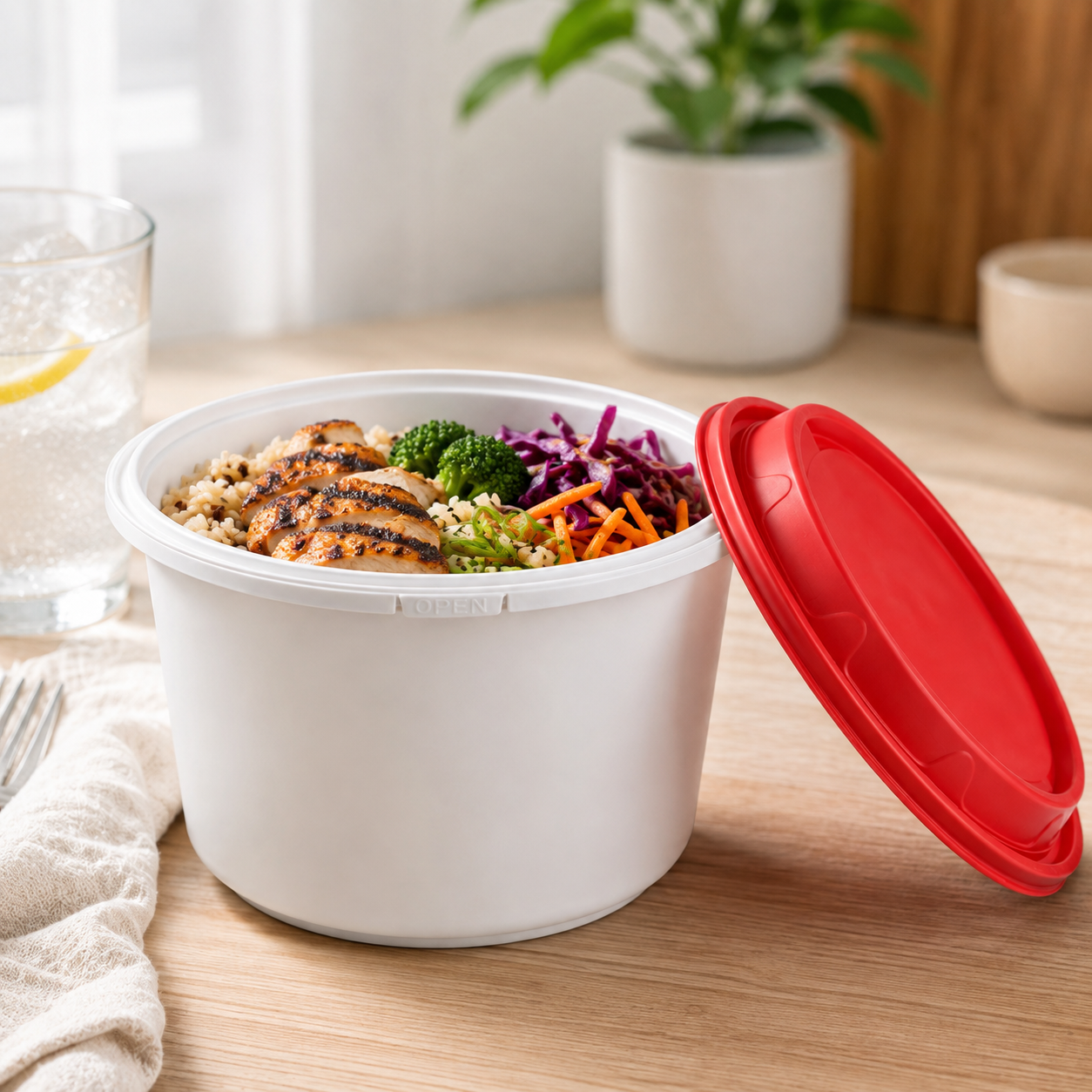 Deep Round PP Snap Lock Bowls 1100ml with Tamper Evident Red Lid