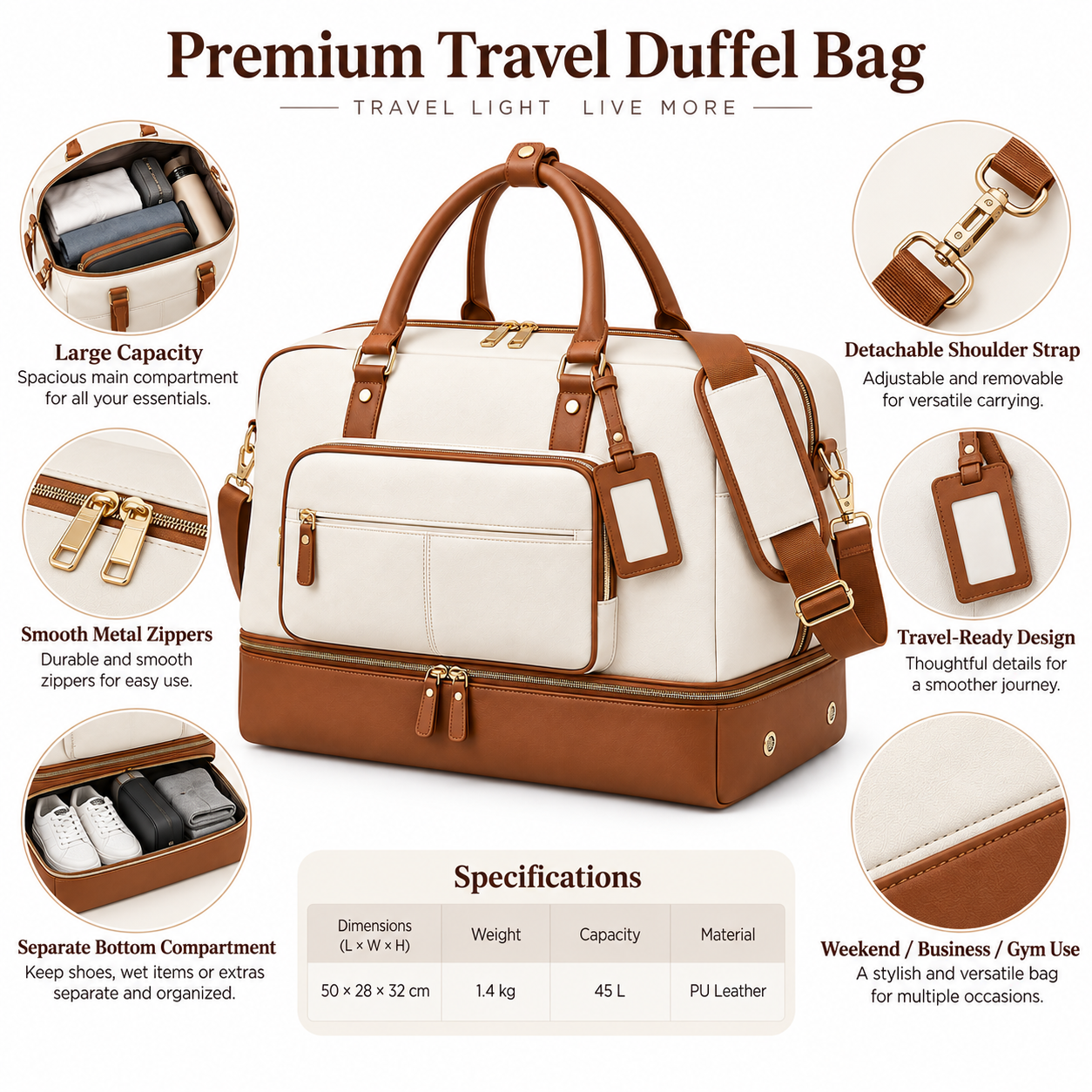 Custom OEM ODM Travel Duffel Bag with Bottom Shoe Compartment – Premium Weekender Overnight Bag with Shoulder Strap, Front Pocket & Large Capacity Storage