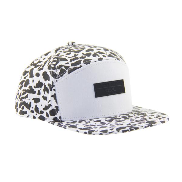 Fashion Allover Print 5 Panel Camp Caps With Leather Patch Embossed Logo On Front