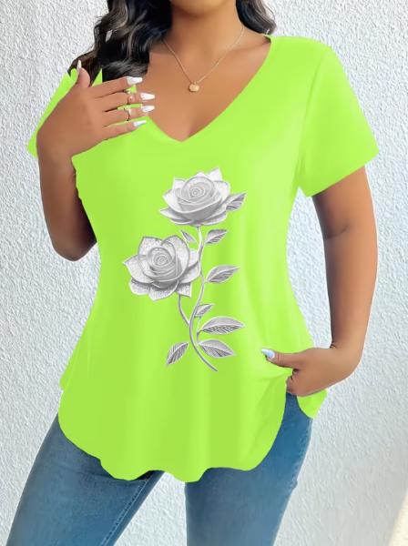 2026 New Arrival: Plus-Size Printed Short-Sleeve T-Shirt for Women – Casual, V-Neck, Loose-Fitting, Comfortable, and Versatile Top