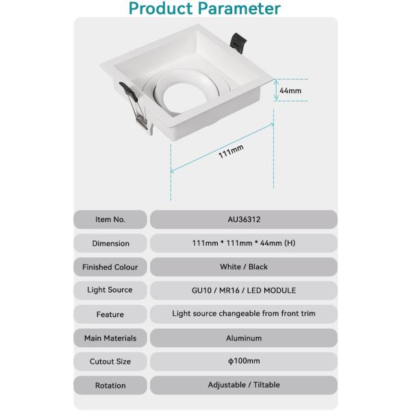 Commercial Adjustable Anti-Glare GU10 Recessed Spotlight Downlight Frame