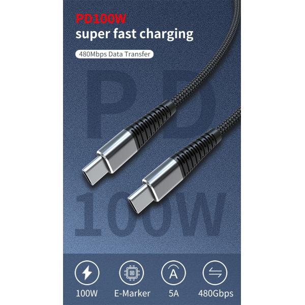 Тип зарядный кабель USB черноты PD 100W 20V 5A c для передачи данных