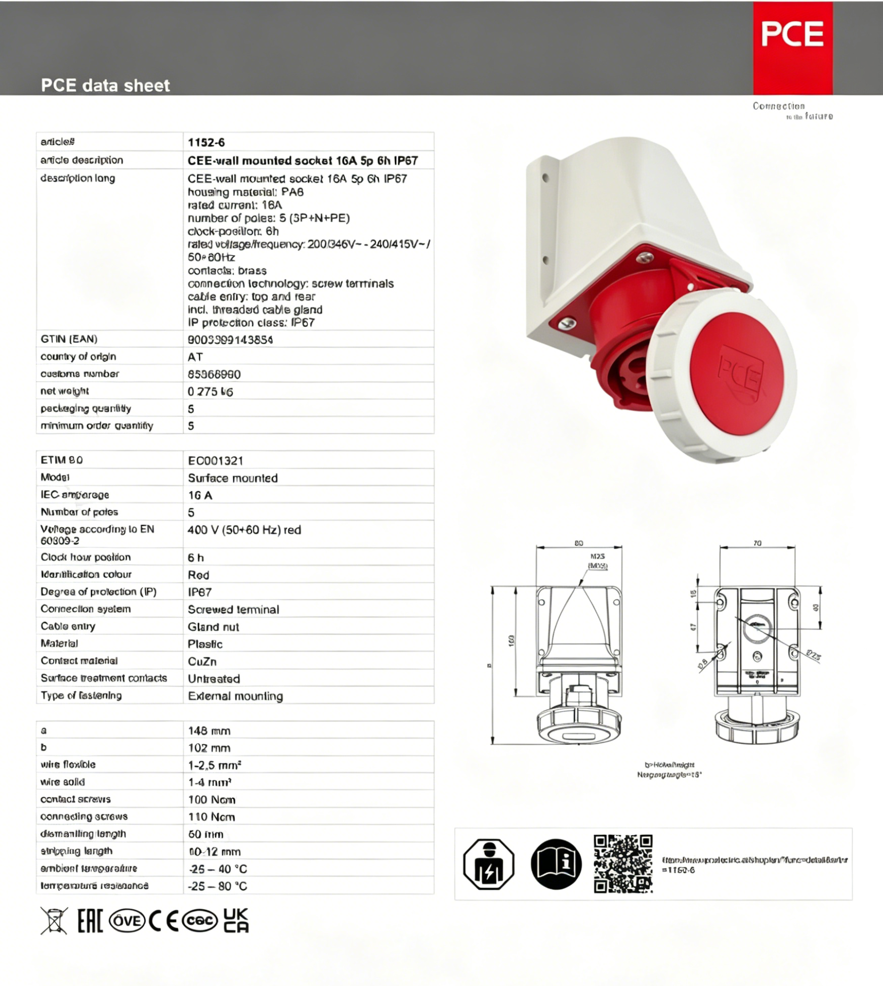 PCE Industrial Waterproof Plastic Surface-Mounted Socket Fixed Welding Machine Female 380V-16A-5 Pin-IP67-Typ1152