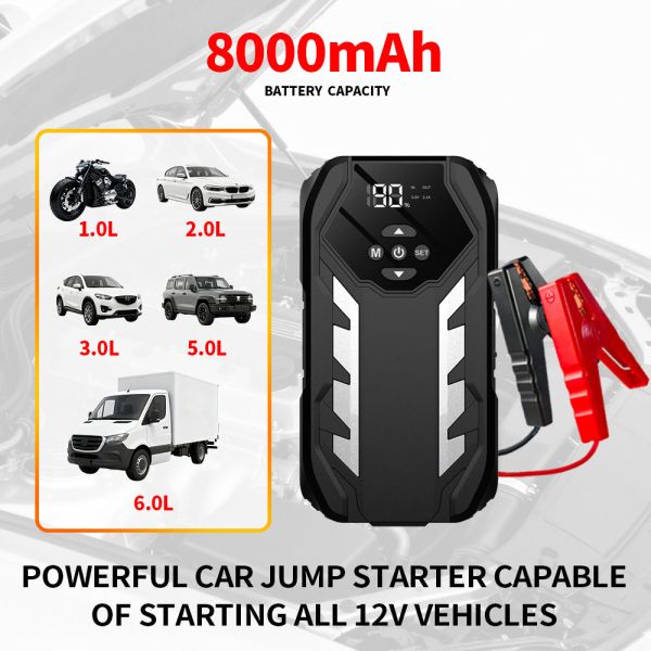 8000mAh 12V Vehicle Battery Jump Starter with Tire Inflator and Air Compressor Kit