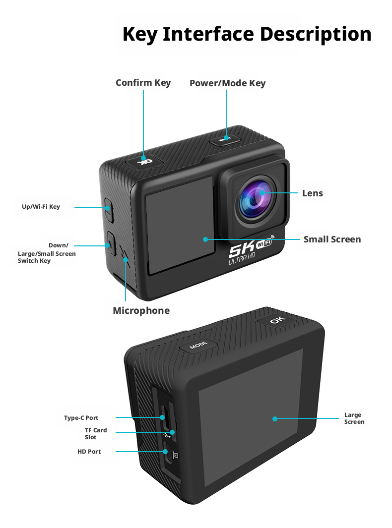 DLC Dual Screen 5K Sports Camera 30M Waterproof Wireless Remote Mic Car Dash Cam for Bicycle Motorcycle Diving Photography